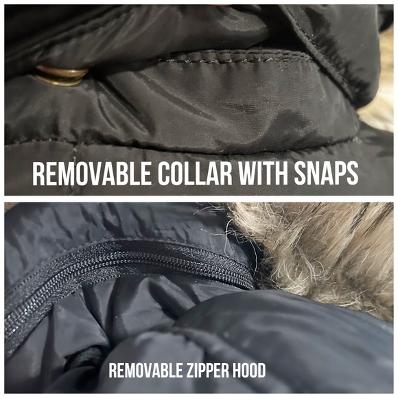 Land’s End, 3/4” Black Quilted Puffer Coat with Removable Hood, Fur & Hood - Picture 5 of 8